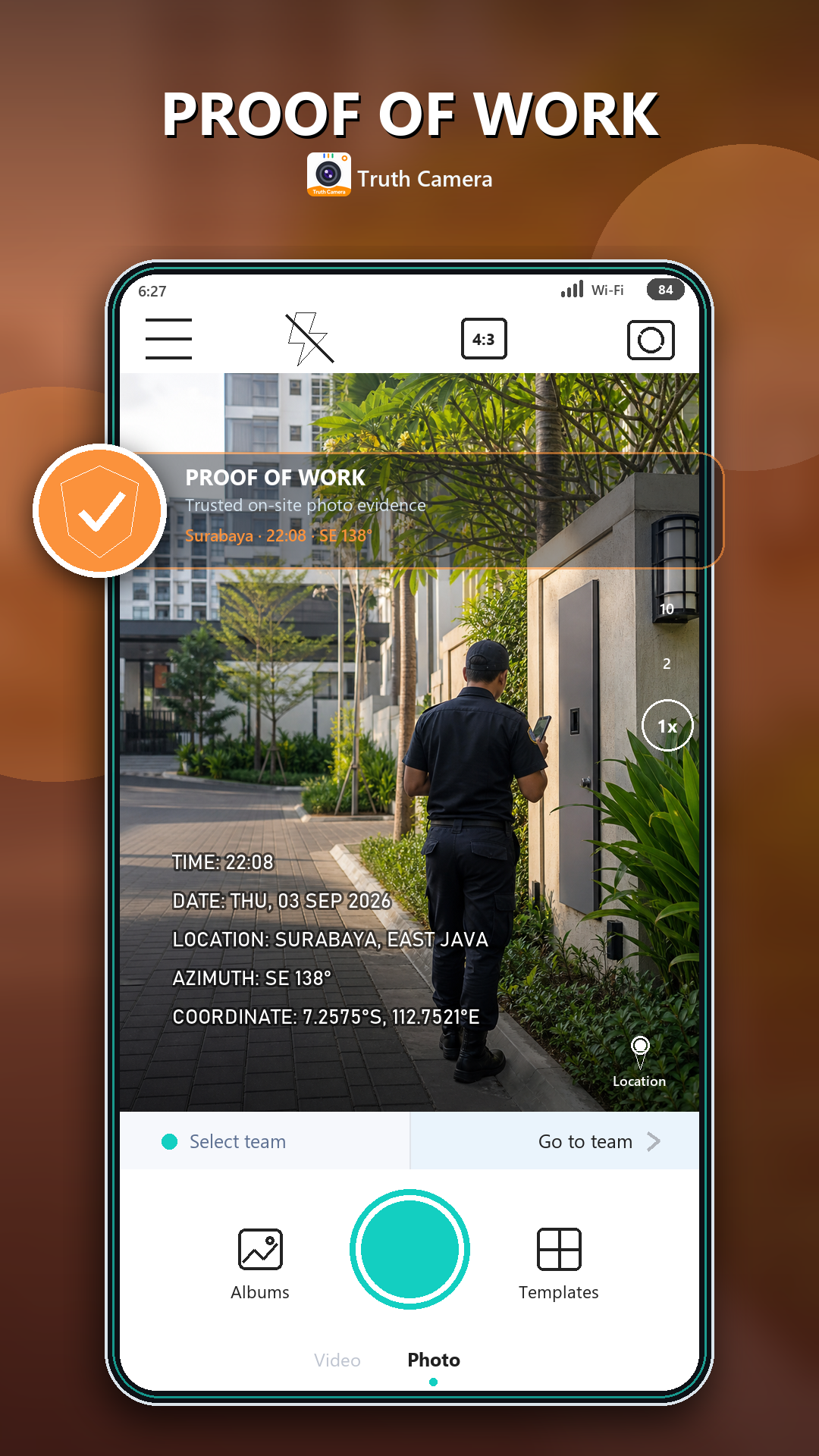 Foto bukti kerja Truth Camera dengan timestamp GPS dan alamat